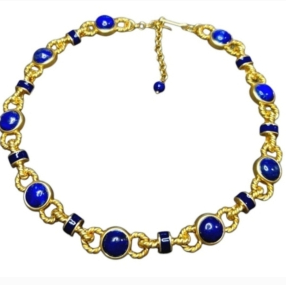 Lapis Lazuli Gold Enamel Byzantine Etruscan Vintage Style Statement Necklace - Picture 5 of 5
